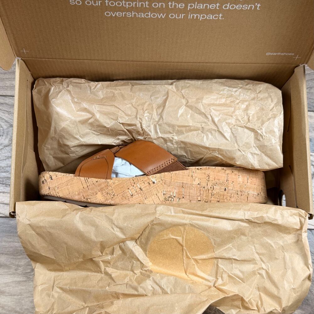 NIB Earth Scotti 8.5M Wedge Platform Comfort Leather Slide Sandals Dark Natural - Picture 10 of 12